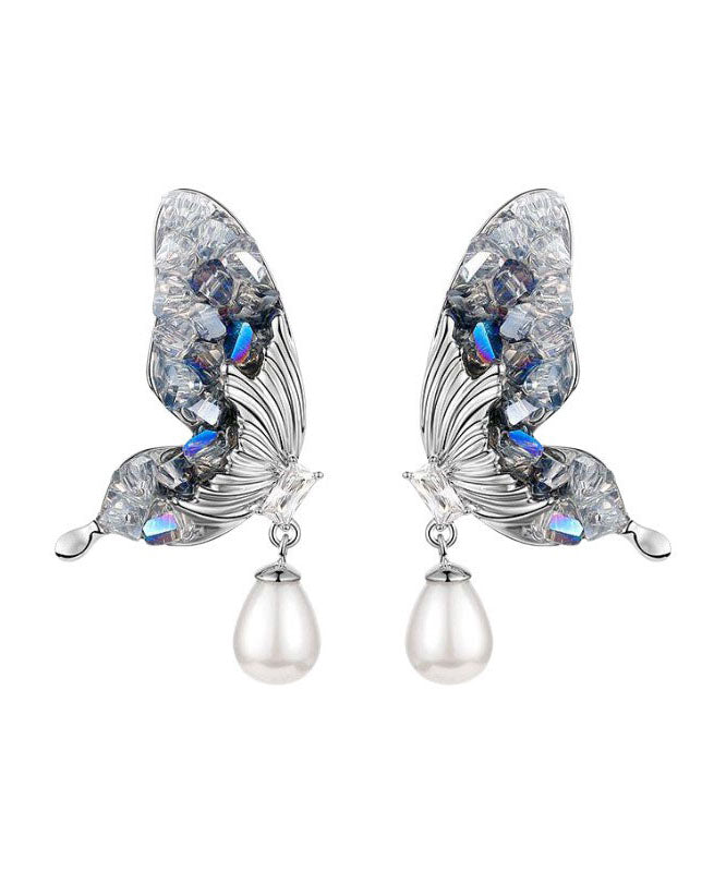 Fashion Blue Sterling Silver Zircon Pearl Crystal Butterfly Water Droplet Drop Earrings