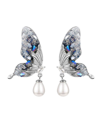 Fashion Blue Sterling Silver Zircon Pearl Crystal Butterfly Water Droplet Drop Earrings