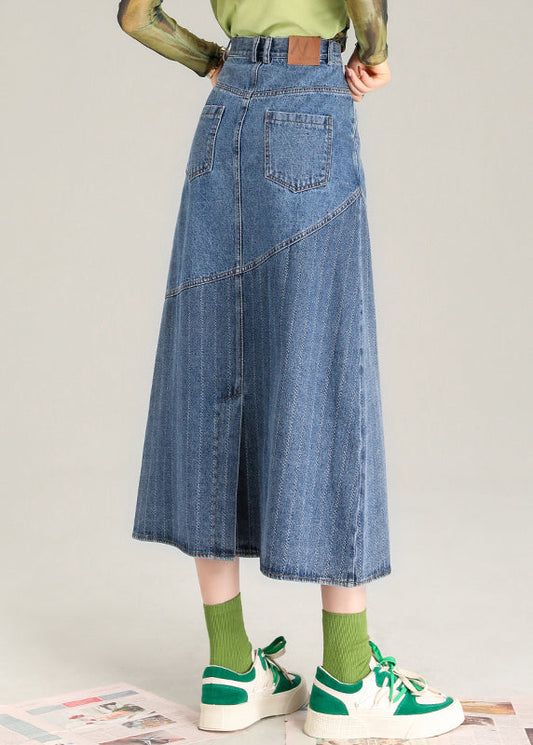Fashion Blue Striped Patchwork Denim A Line Skirt Spring