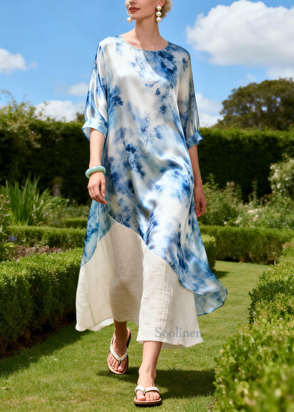 Fashion Blue Tie Dye Patchwork Linen Silk Robe Dresses Summer