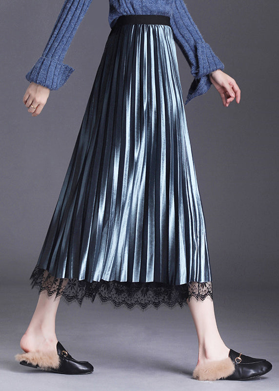 Modischer blauer Tüll-Patchwork-A-Linien-Herbstrock auf beiden Seiten