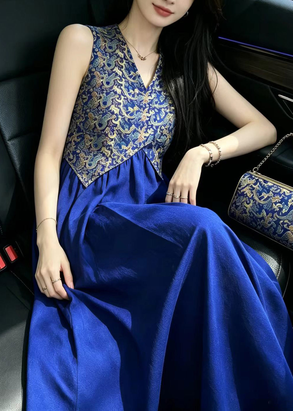 Fashion Blue V Neck Jacquard Patchwork Cotton Dresses Sleeveless