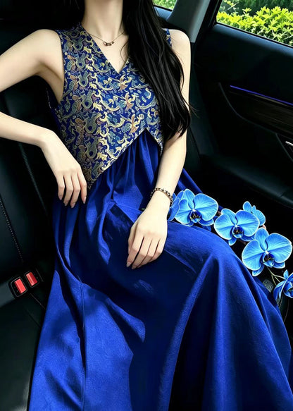 Fashion Blue V Neck Jacquard Patchwork Cotton Dresses Sleeveless