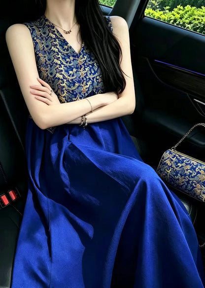 Fashion Blue V Neck Jacquard Patchwork Cotton Dresses Sleeveless