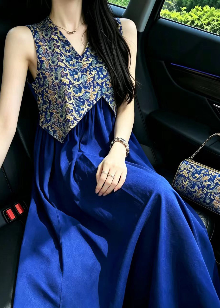 Fashion Blue V Neck Jacquard Patchwork Cotton Dresses Sleeveless