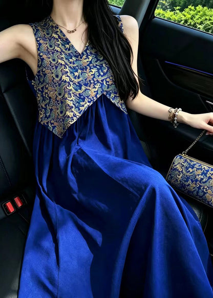 Fashion Blue V Neck Jacquard Patchwork Cotton Dresses Sleeveless