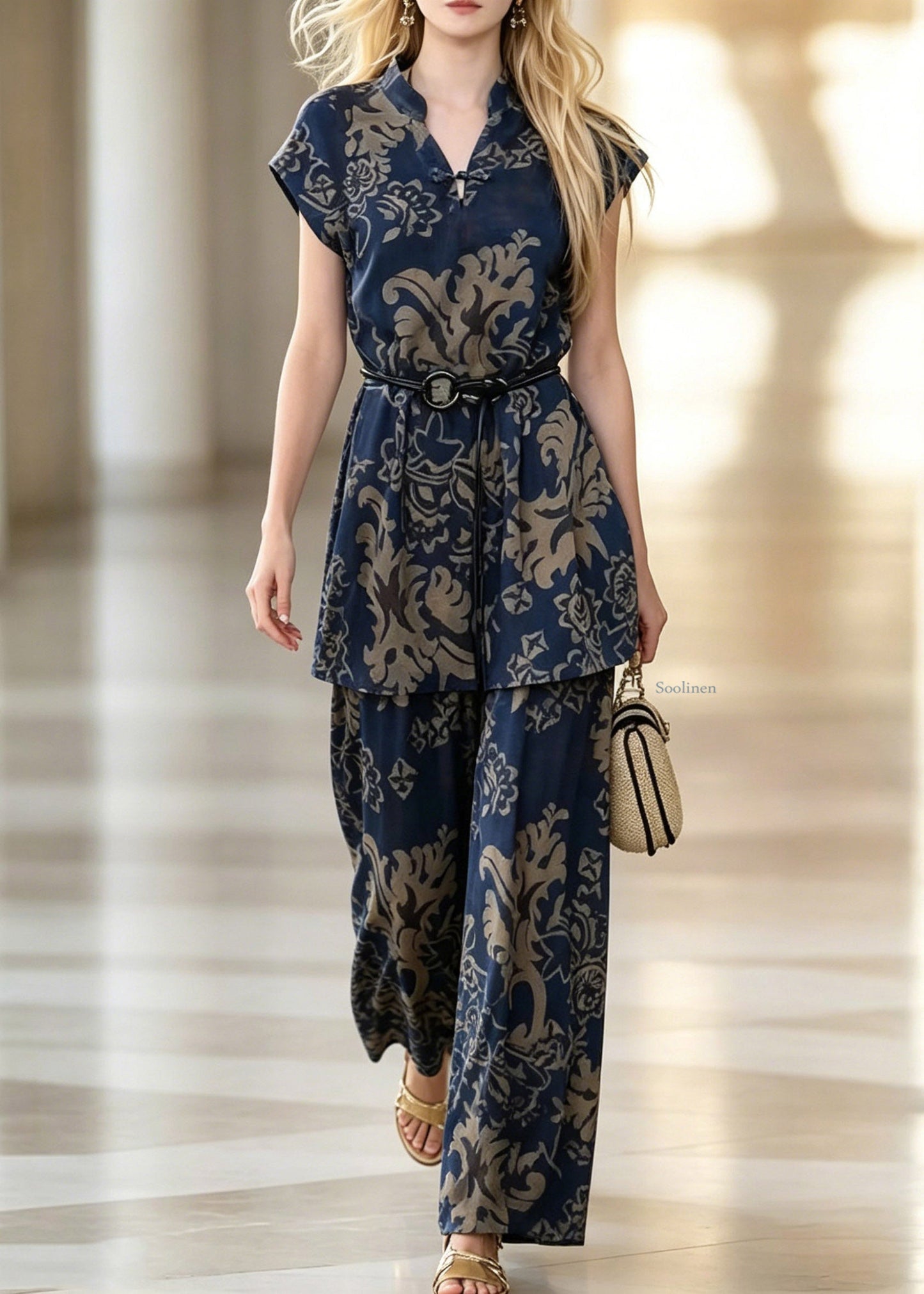 Fashion Blue V Neck Print Shirt And Wide Leg Pants Two Piece Set Summer