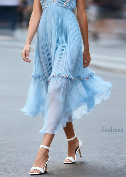 Fashion Blue V Neck Ruffled Floral Chiffon Dress Sleeveless