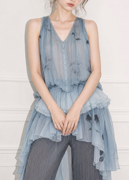 Fashion Blue V Neck Ruffled Patchwork Silk Tops Sleeveless