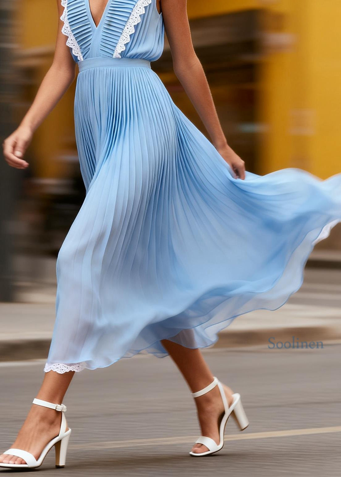 Fashion Blue V Neck Wrinkled Lace Patchwork Chiffon Dresses Sleeveless