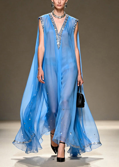 Fashion Blue V Neck Zircon Chiffon Long Dress Sleeveless