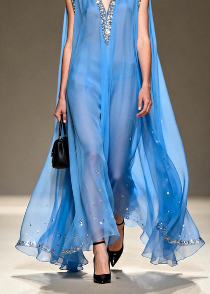 Fashion Blue V Neck Zircon Chiffon Long Dress Sleeveless