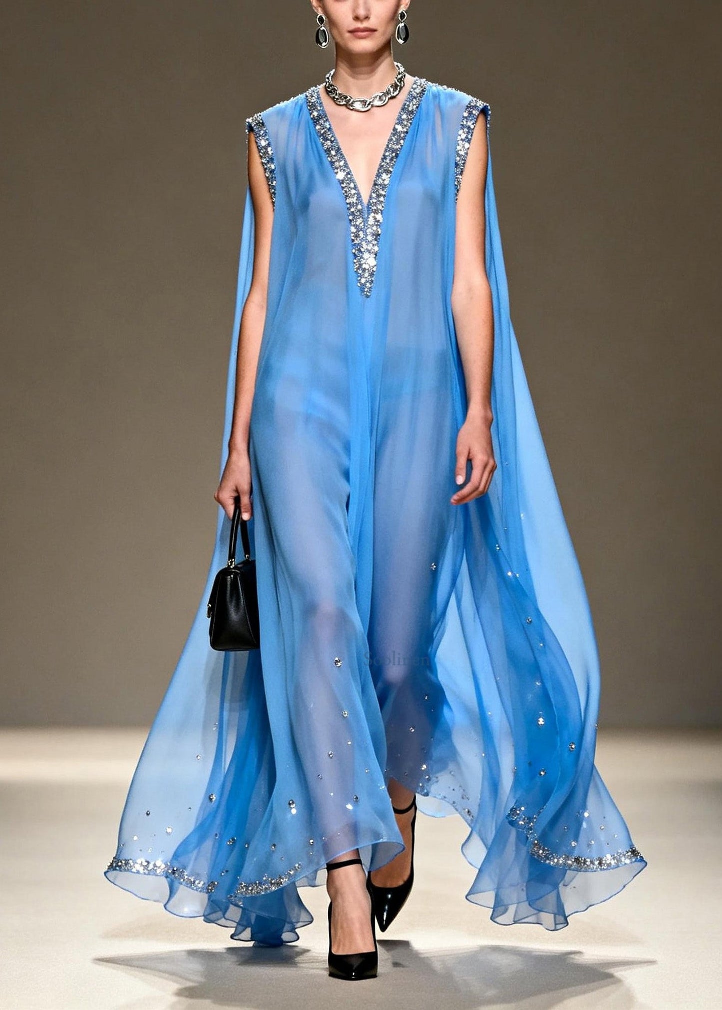 Fashion Blue V Neck Zircon Chiffon Long Dress Sleeveless