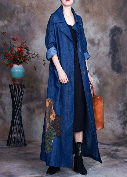 Fashion Blue button tie waist Peter Pan Collar Cotton denim trench coats Spring