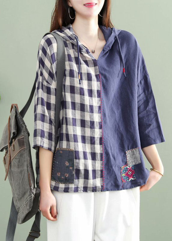 Mode Blau mit kapuze Plaid Patchwork kordelzug Herbst Tops Halbe