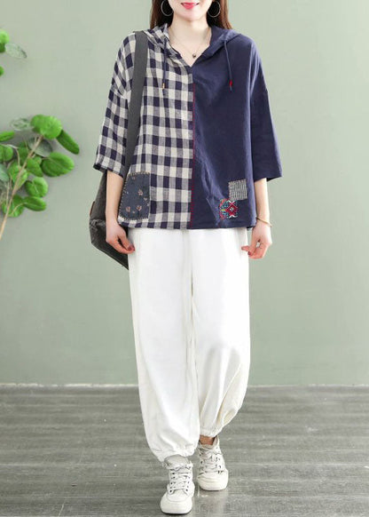 Mode Blau mit kapuze Plaid Patchwork kordelzug Herbst Tops Halbe