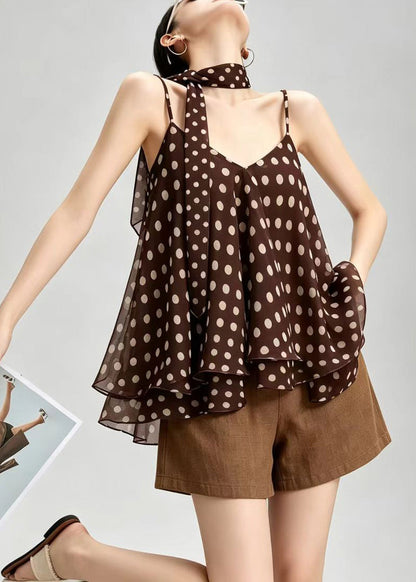 Fashion Brown Dot V Neck Layered Chiffon Spaghetti Strap Top Sleeveless
