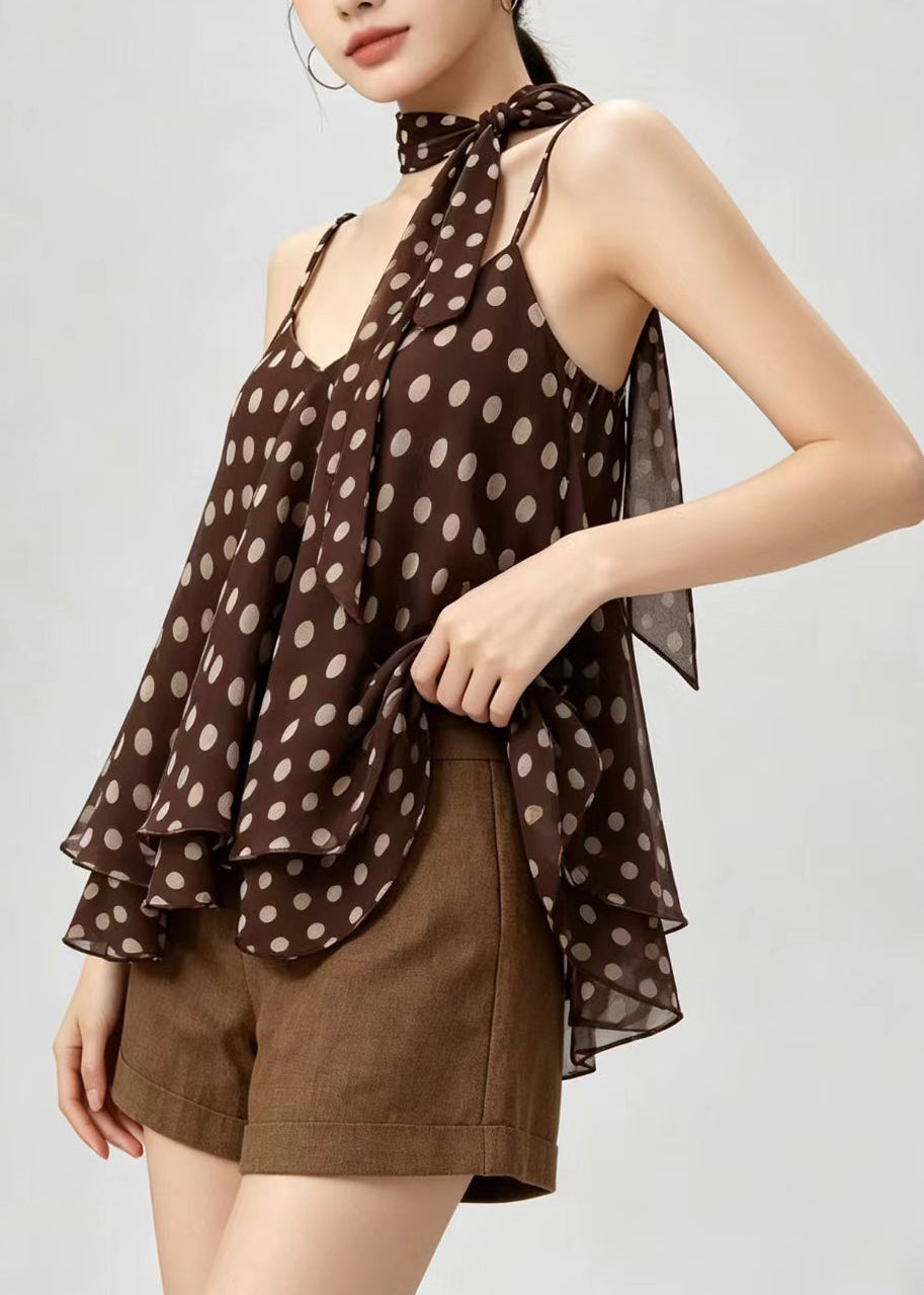 Fashion Brown Dot V Neck Layered Chiffon Spaghetti Strap Top Sleeveless