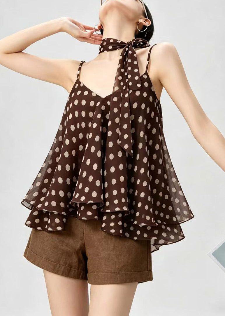 Fashion Brown Dot V Neck Layered Chiffon Spaghetti Strap Top Sleeveless