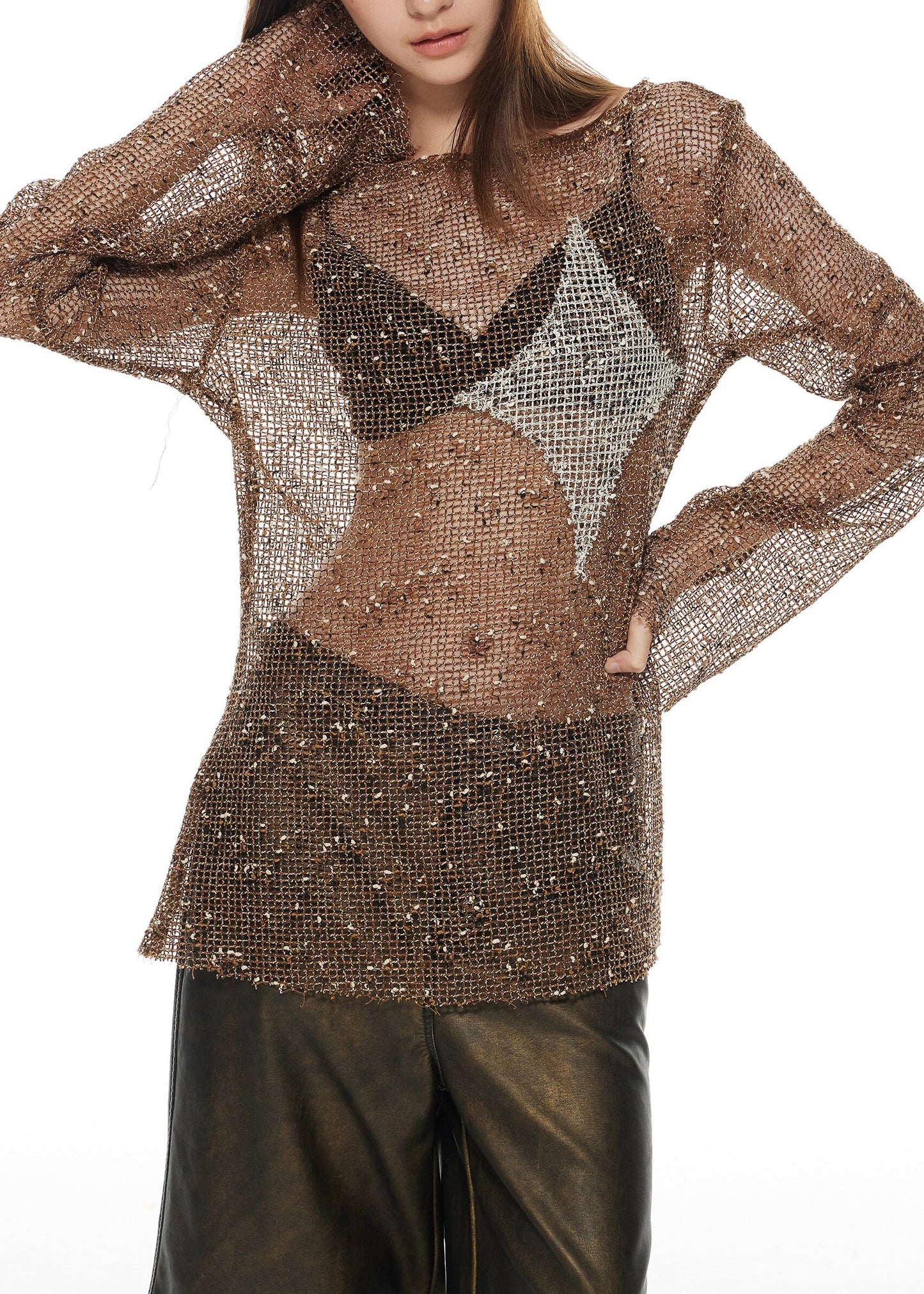 Fashion Brown Slash Neck Hollow Out Tulle T Shirt Long Sleeve