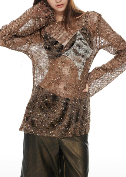 Fashion Brown Slash Neck Hollow Out Tulle T Shirt Long Sleeve