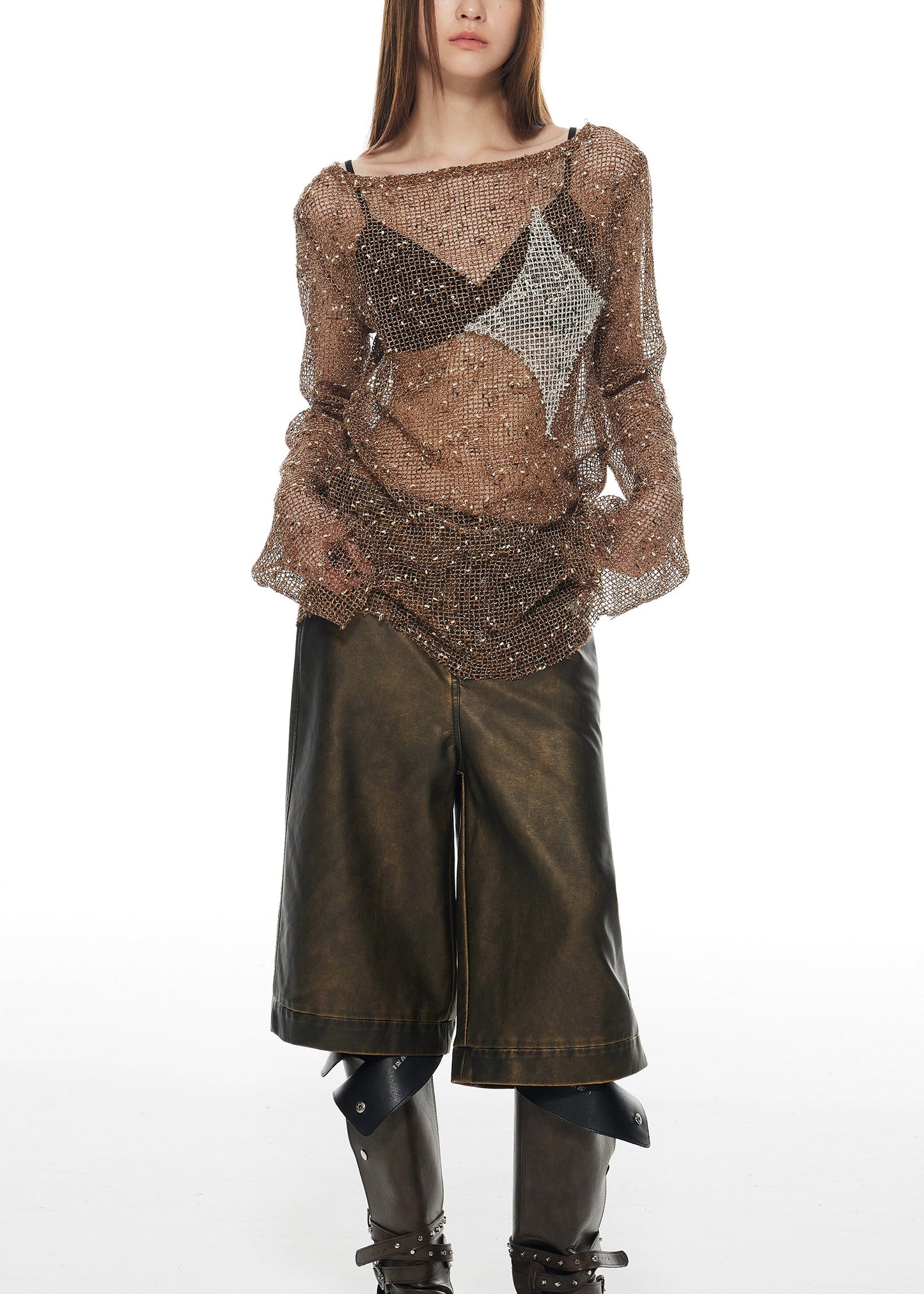 Fashion Brown Slash Neck Hollow Out Tulle T Shirt Long Sleeve