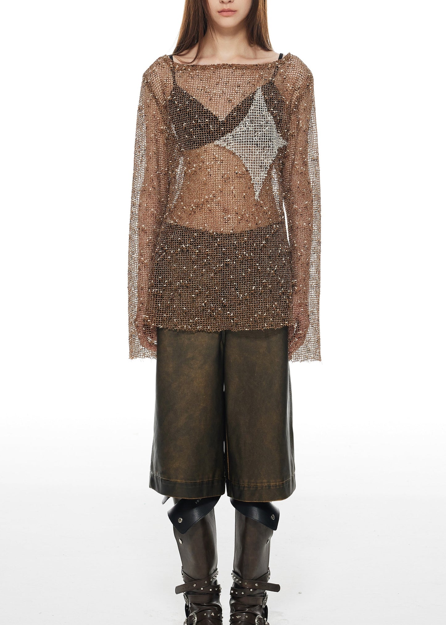 Fashion Brown Slash Neck Hollow Out Tulle T Shirt Long Sleeve