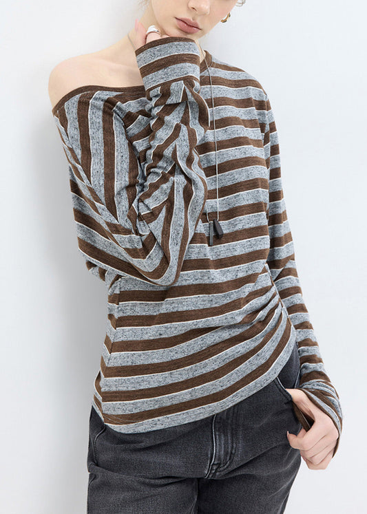 Fashion Brown Striped Slash Neck Cotton T Shirt Tops Spring