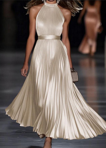 Fashion Champagne Halter Cold Shoulder Tunic Silk Long Dress Sleeveless