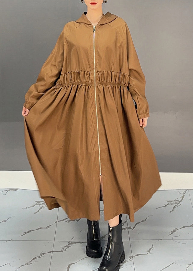 Fashion Choco Wrinkled Zippered Maxi Hooded Trench Coat Fall