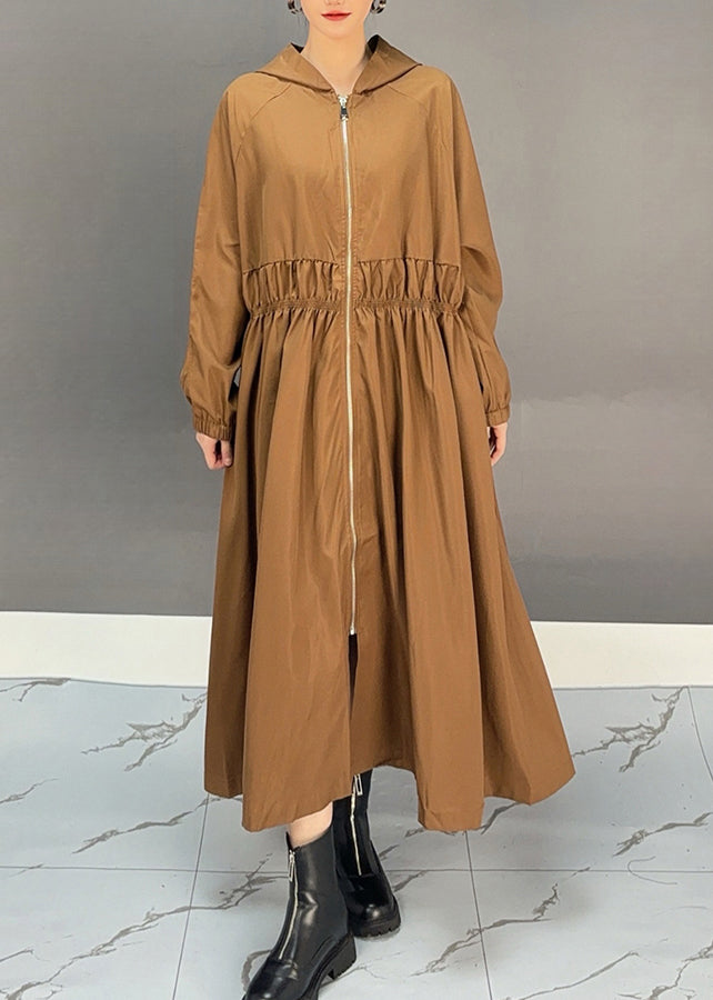 Fashion Choco Wrinkled Zippered Maxi Hooded Trench Coat Fall
