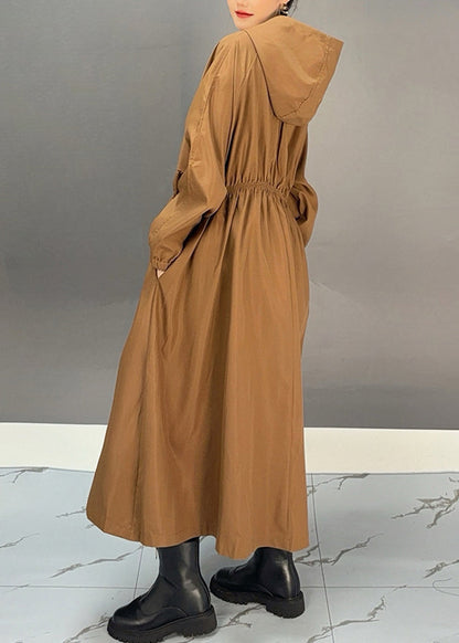 Fashion Choco Wrinkled Zippered Maxi Hooded Trench Coat Fall