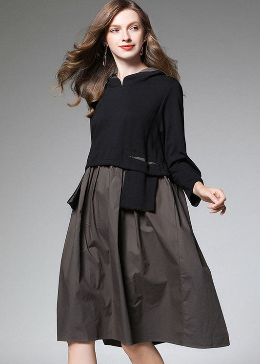 Mode ArmyGreen Patchwork Kapuzenkleid Herbst