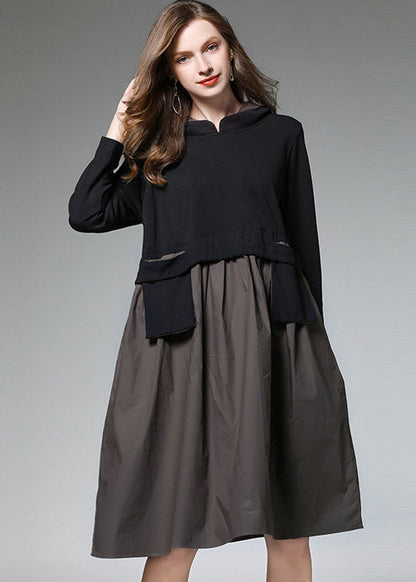 Mode ArmyGreen Patchwork Kapuzenkleid Herbst