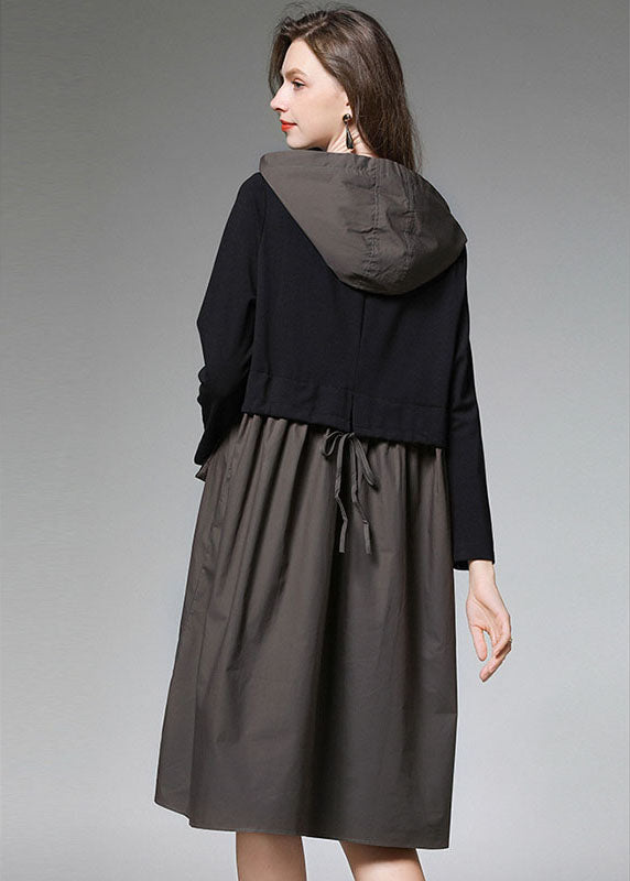 Mode ArmyGreen Patchwork Kapuzenkleid Herbst