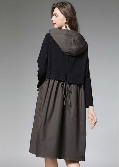 Mode ArmyGreen Patchwork Kapuzenkleid Herbst