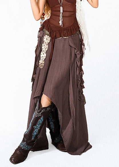 Fashion Chocolate Ruffled Asymmetrical Skirts Summer