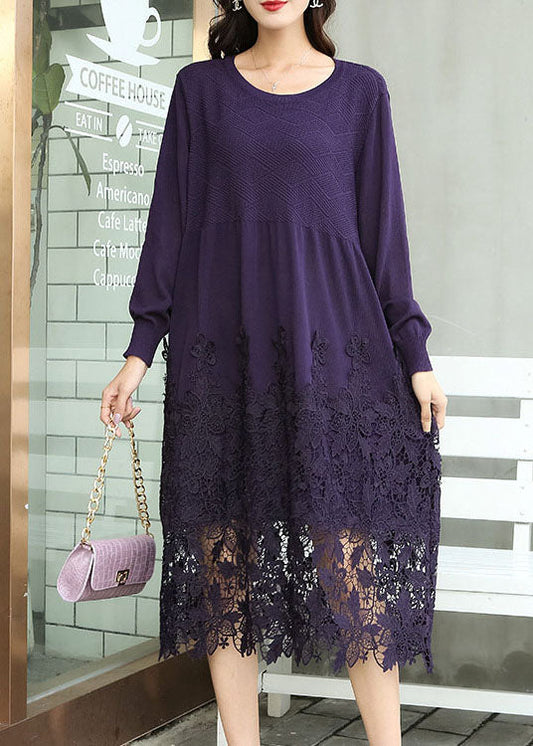 Mode Schokolade Bestickt Patchwork Stricken Lange Kleider Frühling