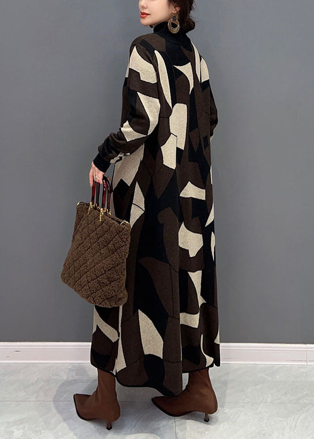 Mode Schokolade Hign Neck Geometric Print Strickpullover Kleid Winter