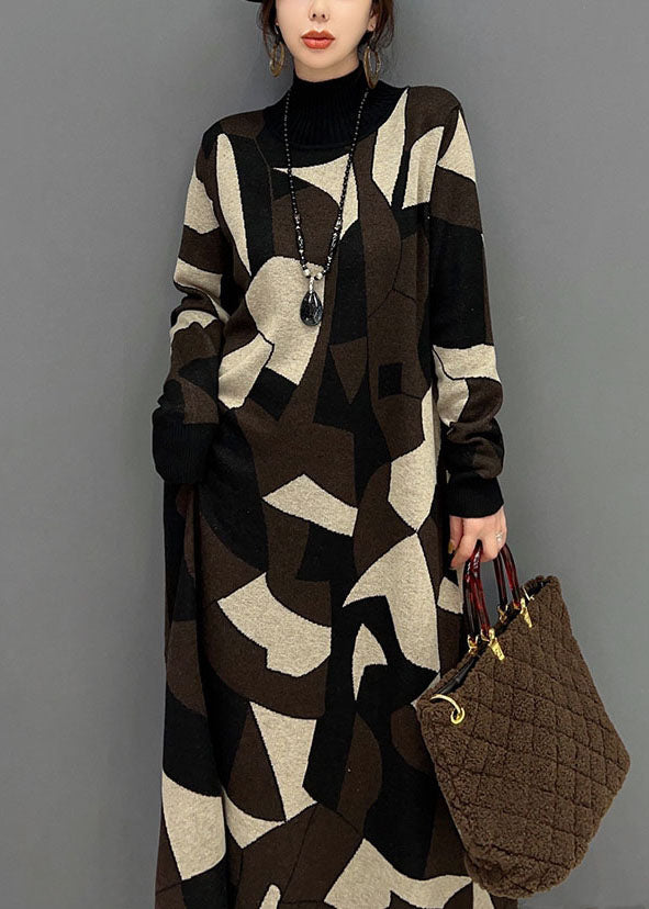 Mode Schokolade Hign Neck Geometric Print Strickpullover Kleid Winter