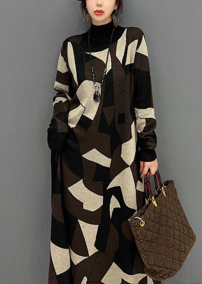 Mode Schokolade Hign Neck Geometric Print Strickpullover Kleid Winter