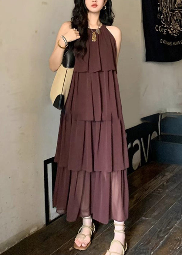 Mode Kaffee O Hals Layered Faltig Patchwork Chiffon Kleider Ärmellose