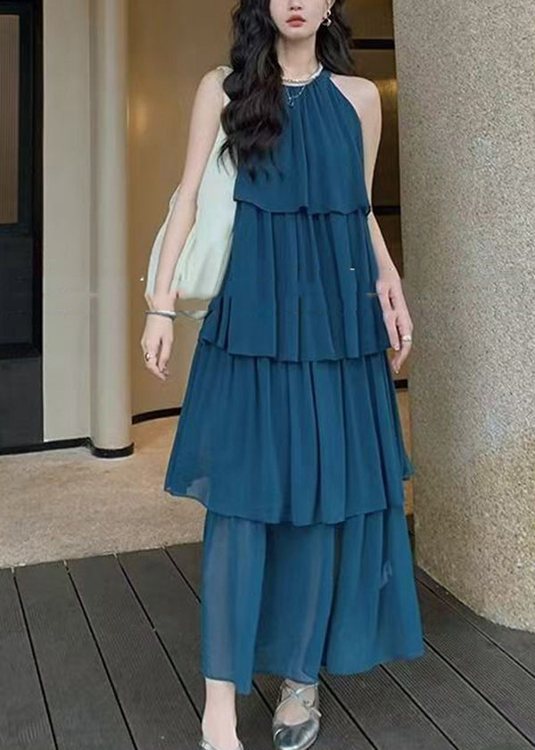 Mode Kaffee O Hals Layered Faltig Patchwork Chiffon Kleider Ärmellose