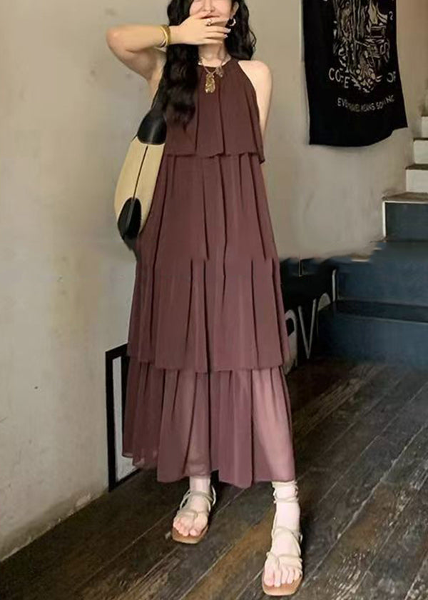Mode Kaffee O Hals Layered Faltig Patchwork Chiffon Kleider Ärmellose