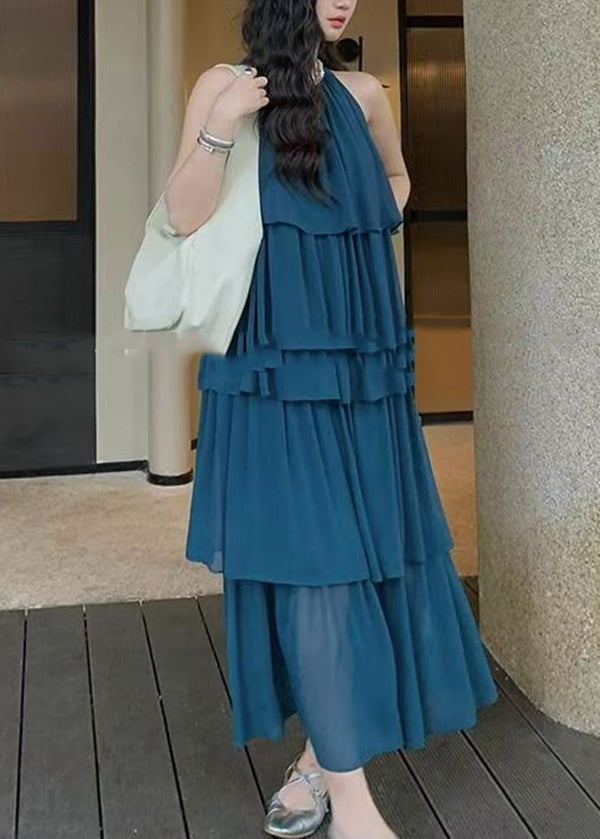 Mode Kaffee O Hals Layered Faltig Patchwork Chiffon Kleider Ärmellose