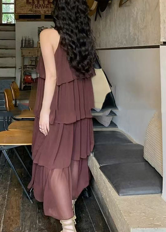 Mode Kaffee O Hals Layered Faltig Patchwork Chiffon Kleider Ärmellose