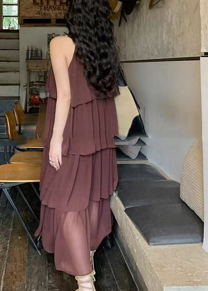 Mode Kaffee O Hals Layered Faltig Patchwork Chiffon Kleider Ärmellose