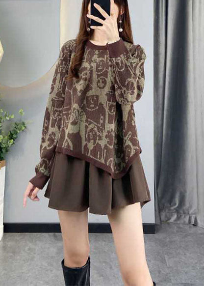 Fashion Chocolate asymmetrisches Design Patchwork Print Herbst Strickpullover