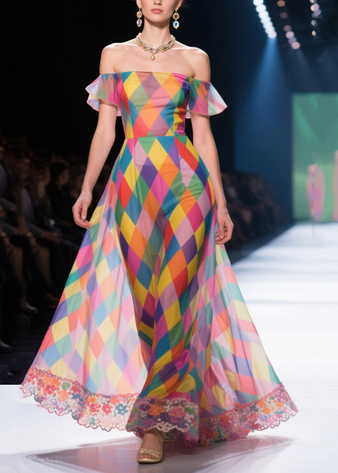 Fashion Colorblock Cold Shoulder Plaid Chiffon Strapless Dress Summer