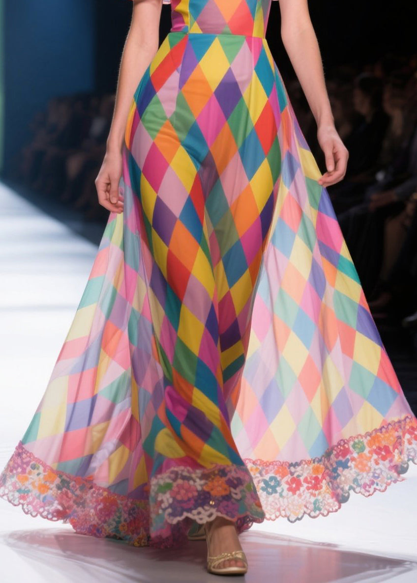 Fashion Colorblock Cold Shoulder Plaid Chiffon Strapless Dress Summer